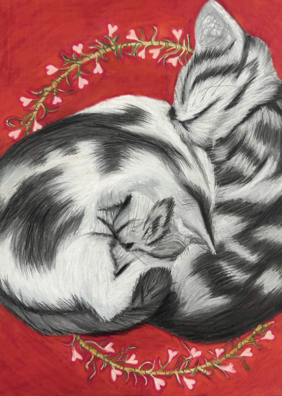 Celebrate the loving bond between two cats with An Unexpected Pairing art print. This tender illustration shows them cuddling beneath a wreath.