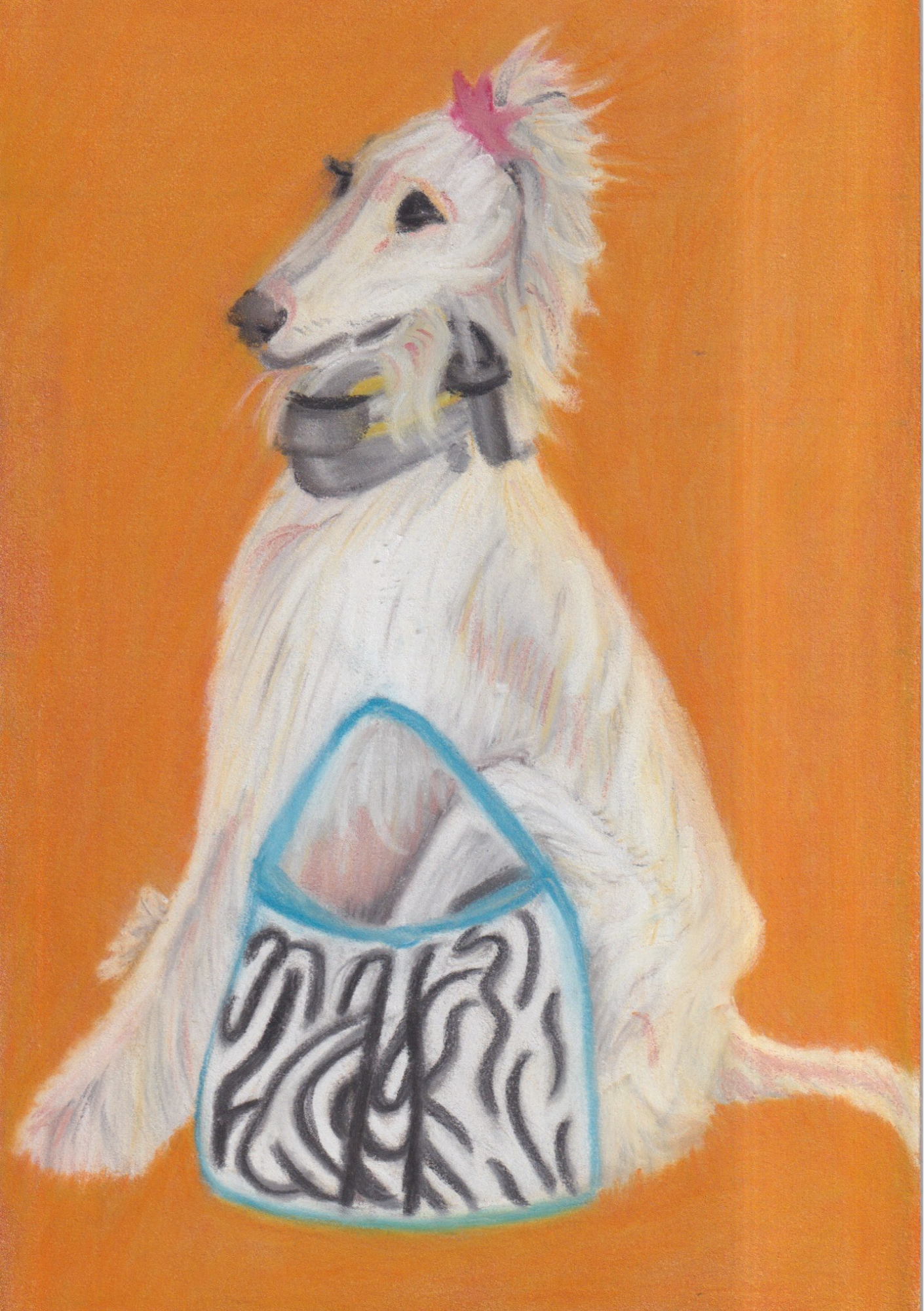 Custom pastel portrait of an Afghan Hound in Y2K fashion by Glasgow artist Hannah Kelly