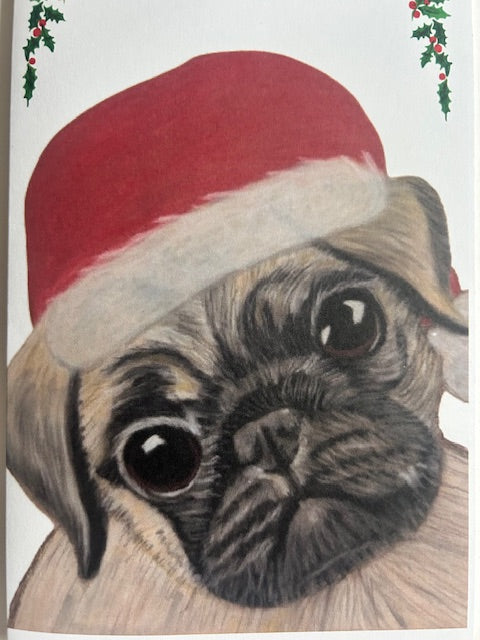 Pug dog Christmas card, detail