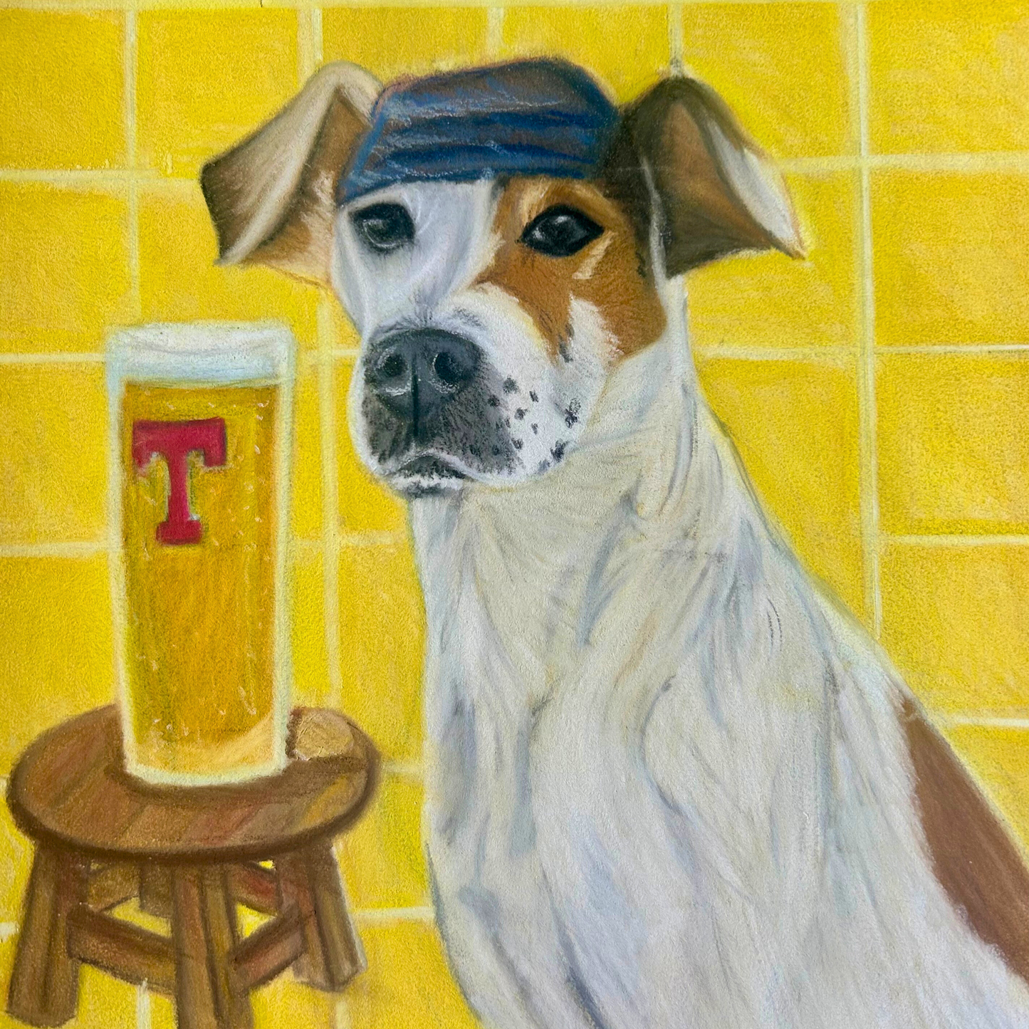 Colourful pastel print of a playful Jack Russell dog with a pint of Tennent’s beer, by Glasgow artist Hannah Kelly.