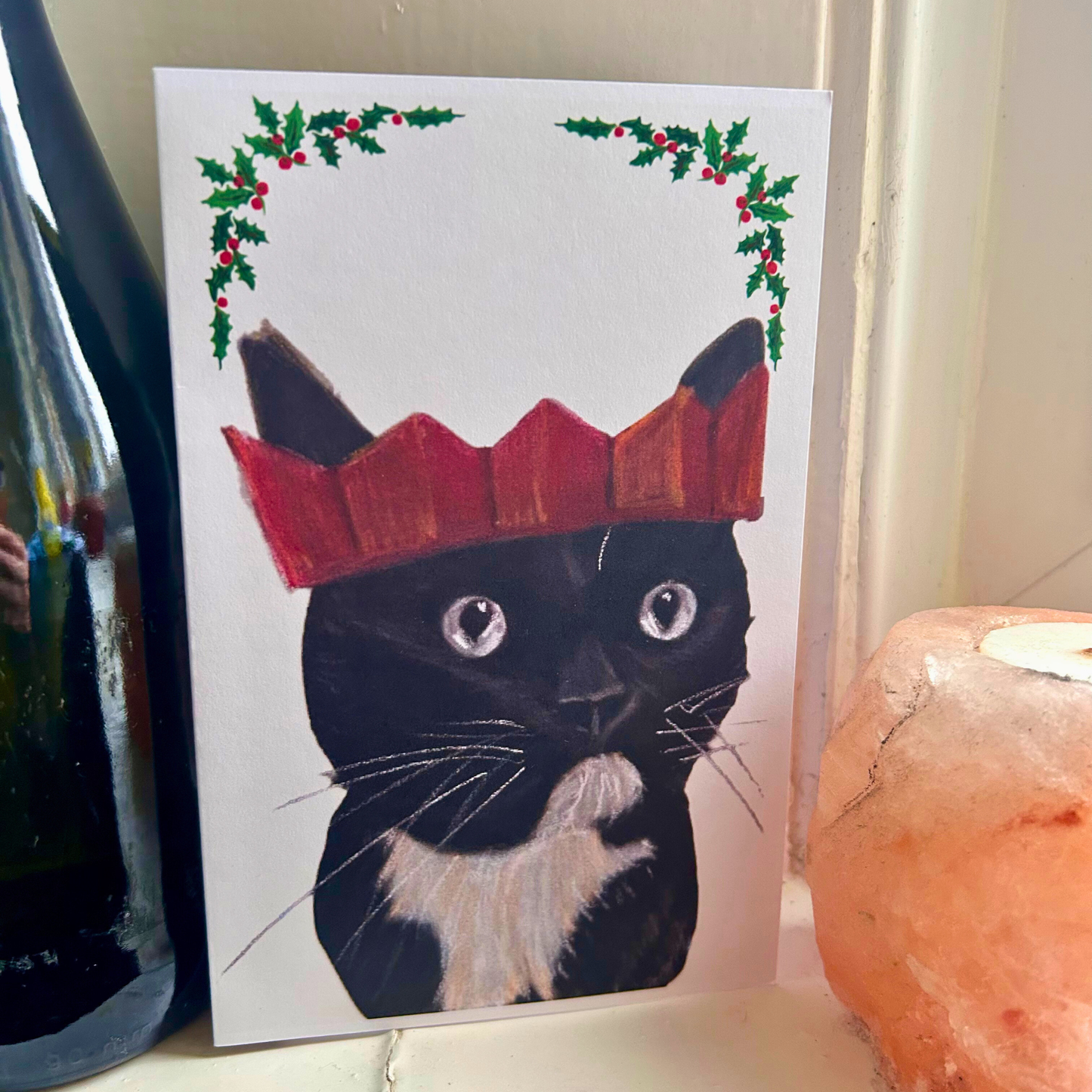 Hand Drawn Black and White Tuxedo Cat Christmas Card