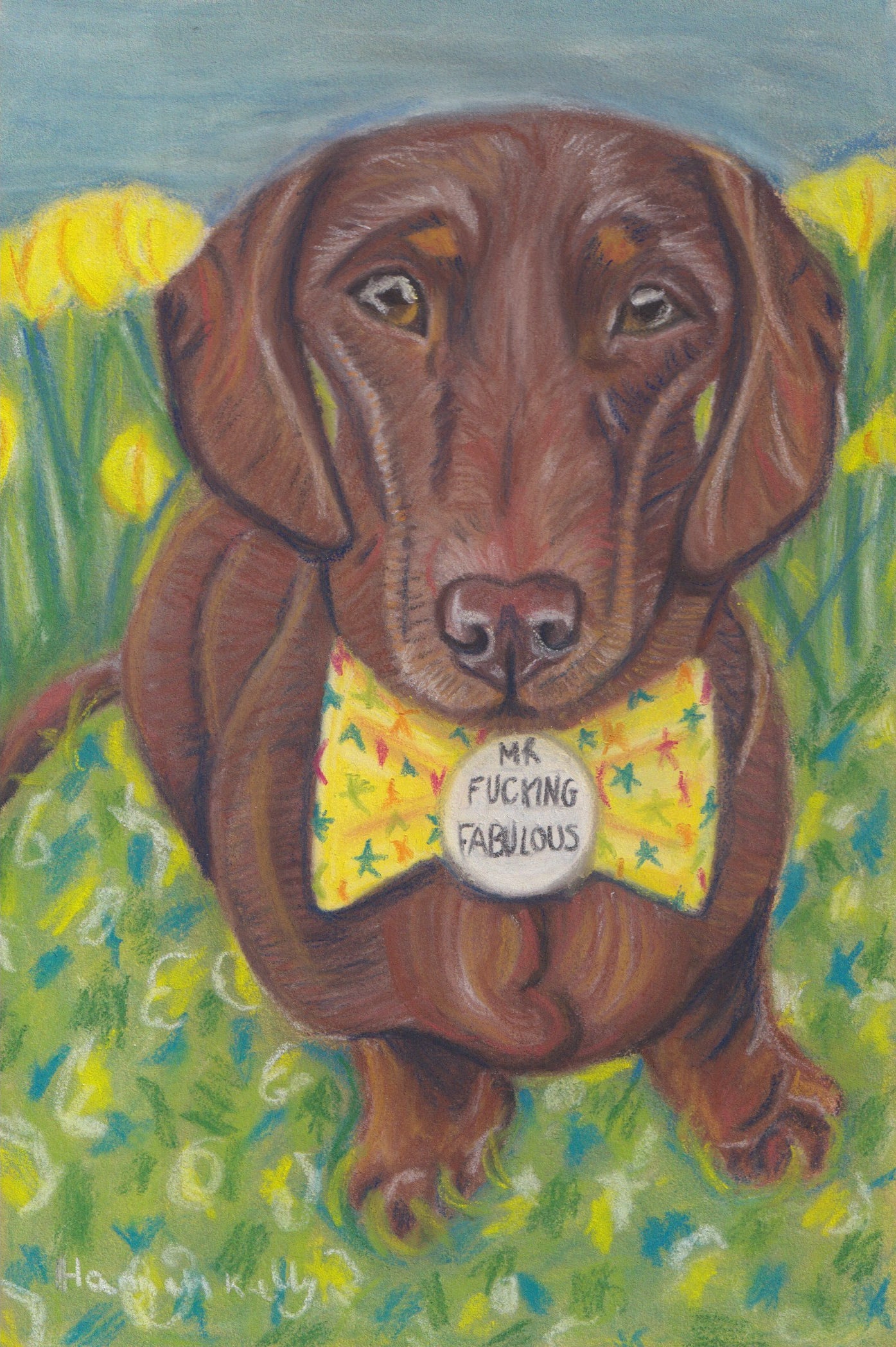 Custom pastel portrait of a dashing dachshund wearing a bow tie and a ‘Mr. Fabulous’ tie by Glasgow pet artist Hannah Kelly.