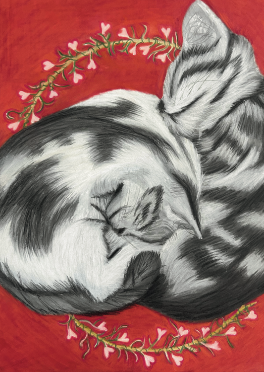 Celebrate the loving bond between two cats with An Unexpected Pairing art print. This tender illustration shows them cuddling beneath a wreath.