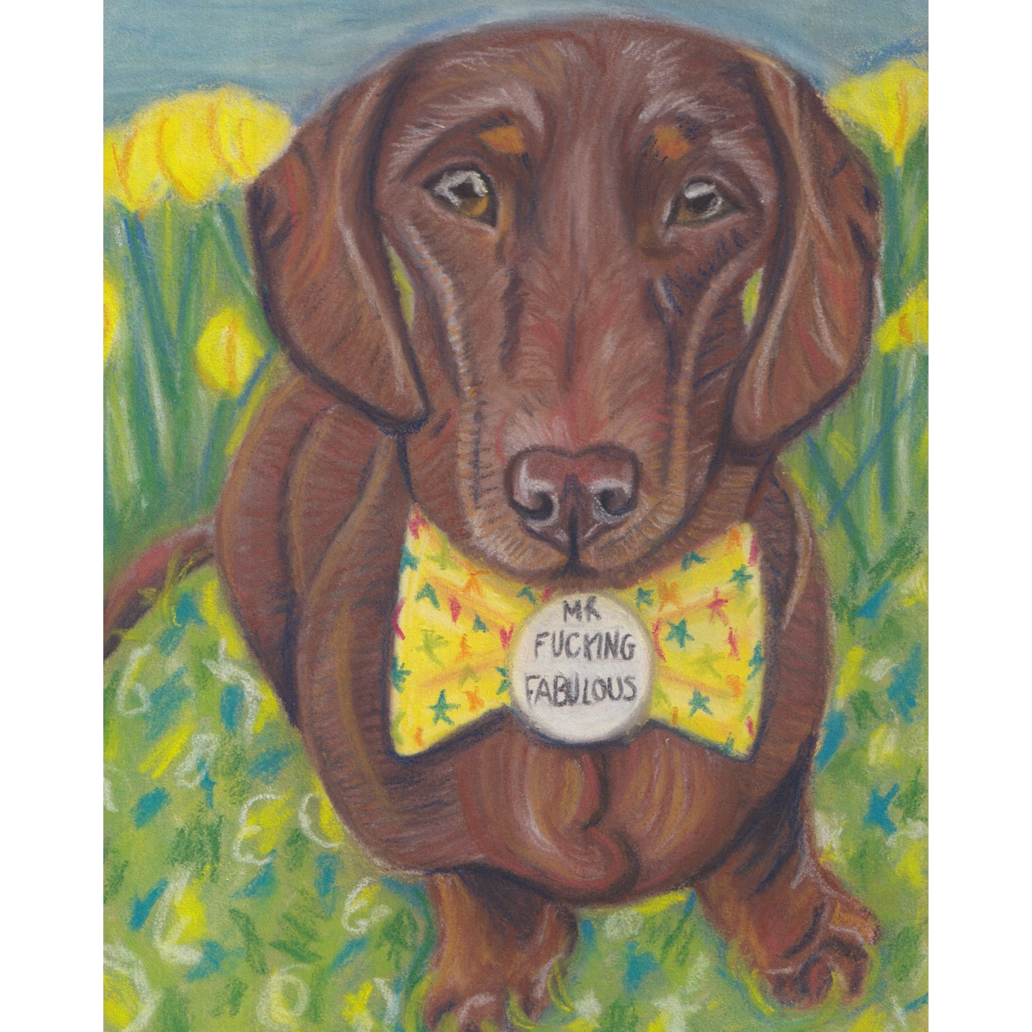 Custom drawing of daschund with a Mr Fucking Fabulous badge and background of leaves