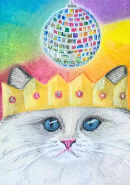 Ragdoll cat dancing under a sparkling disco ball, pastel pencil drawing by Glasgow artist Hannah Kelly.