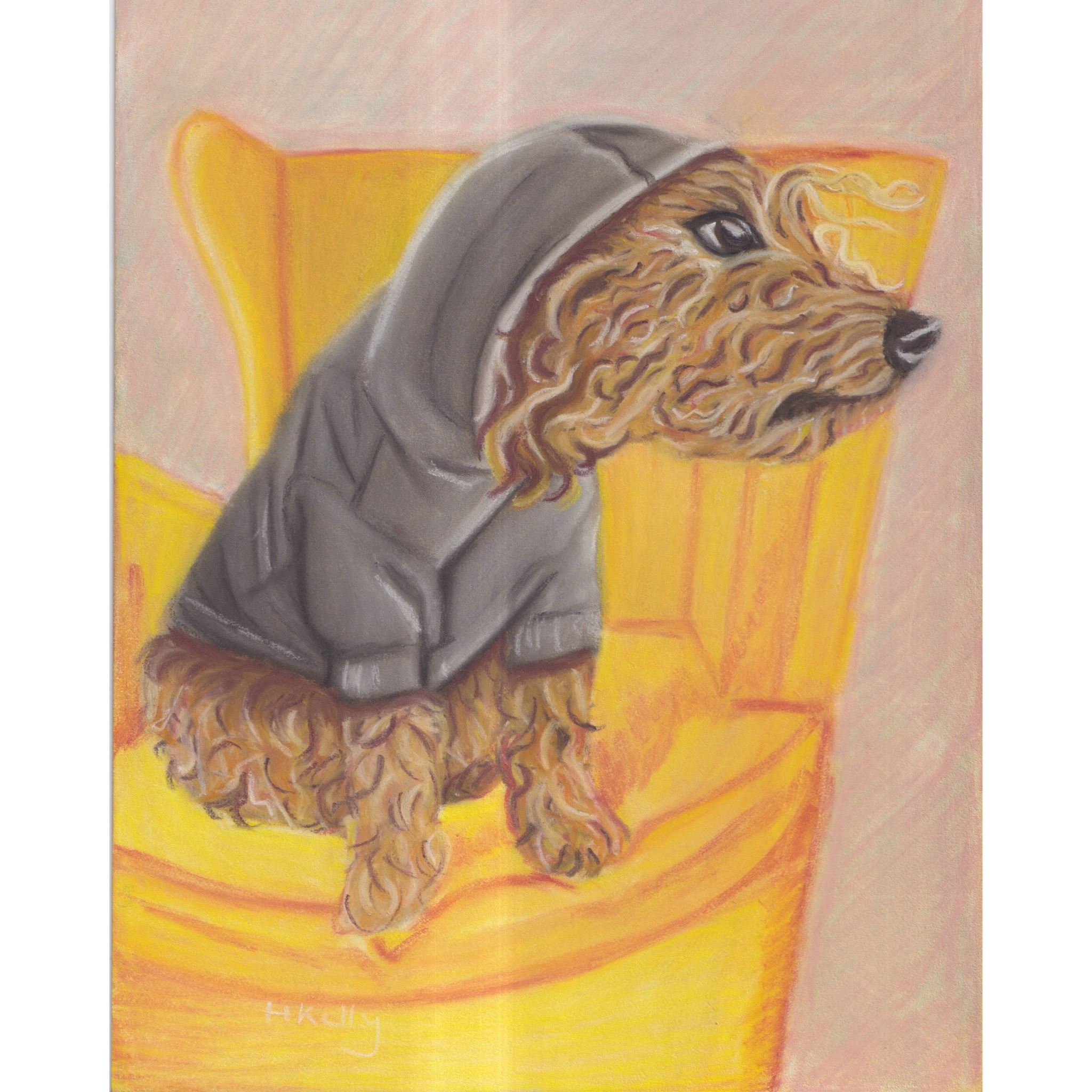 Drawing of dog sitting on yellow chair wearing a grey hoodie