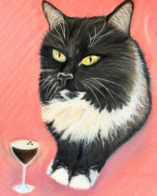 Pastel pencil portrait of a sleek cat enjoying an espresso martini against a vibrant pink background; a stylish custom pet artwork by Glasgow artist Hannah Kelly.