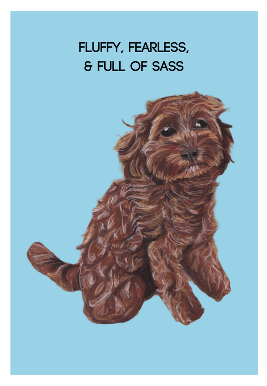 Brown cockapoo portrait titled "Fluffy, Fearless & Full of Sass," set against a vibrant blue background with bold black lettering, showcasing the dog’s lively personality and charm.