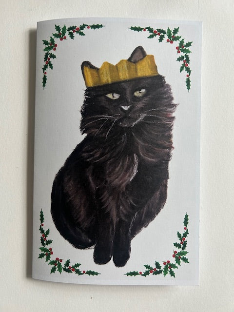 Long-haired black cat Christmas card, full view