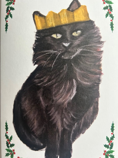 Long-haired black cat Christmas card, detail