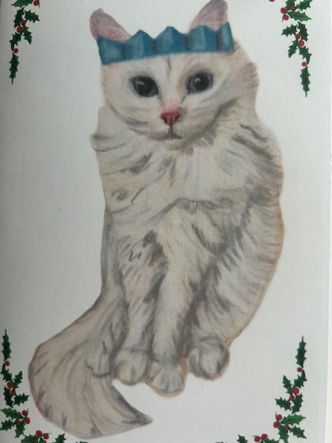 Long-haired black cat Christmas card, detail