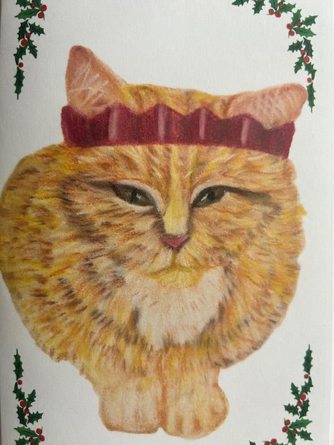 Ginger tabby cat Christmas card, detail