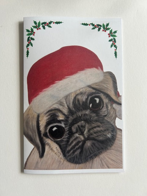 Pug dog Christmas card, full view