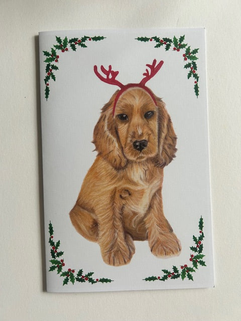 Cocker spaniel dog Christmas card, full view