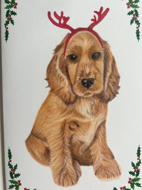 Cocker spaniel dog Christmas card, detail