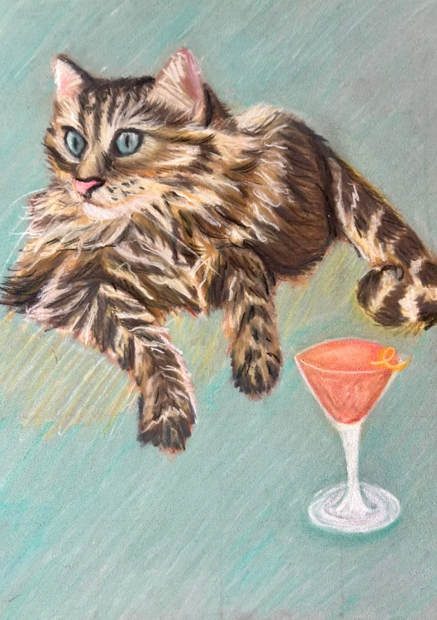 Pastel pencil drawing of a stylish tabby cat enjoying a Cosmopolitan cocktail, with a turquoise background.