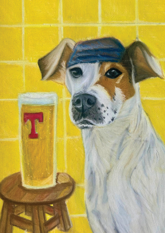 Colourful Jack Russell dog art print enjoying a pint of Tennent’s beer by Glasgow artist Hannah Kelly.