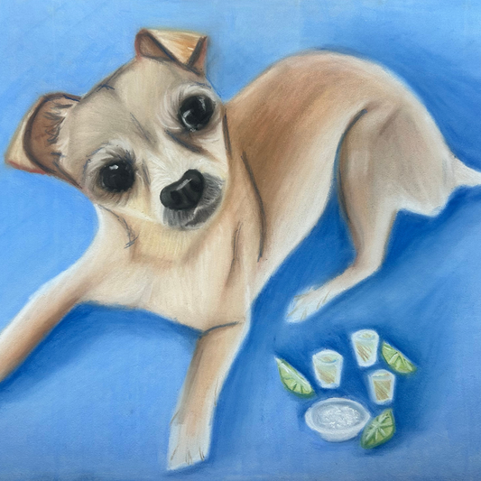 Playful pastel art print of a cheeky Chihuahua enjoying a tequila shot, capturing fun-loving pet spirit, by Glasgow artist Hannah Kelly.