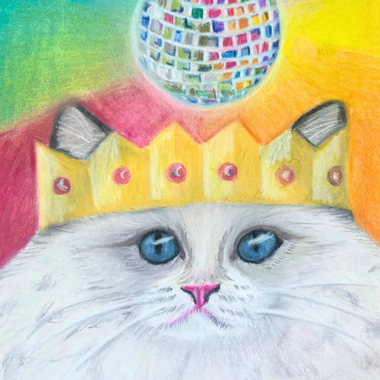 Pastel pencil drawing of a playful Ragdoll Cat dancing under a disco ball, by Glasgow artist Hannah Kelly.