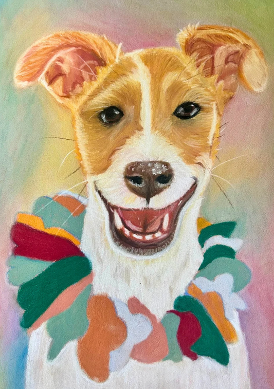 Whippet in Bloom art print showcasing a graceful whippet wearing a flower necklace against a vibrant multicoloured background. Perfect for dog lovers seeking unique and charming artwork.